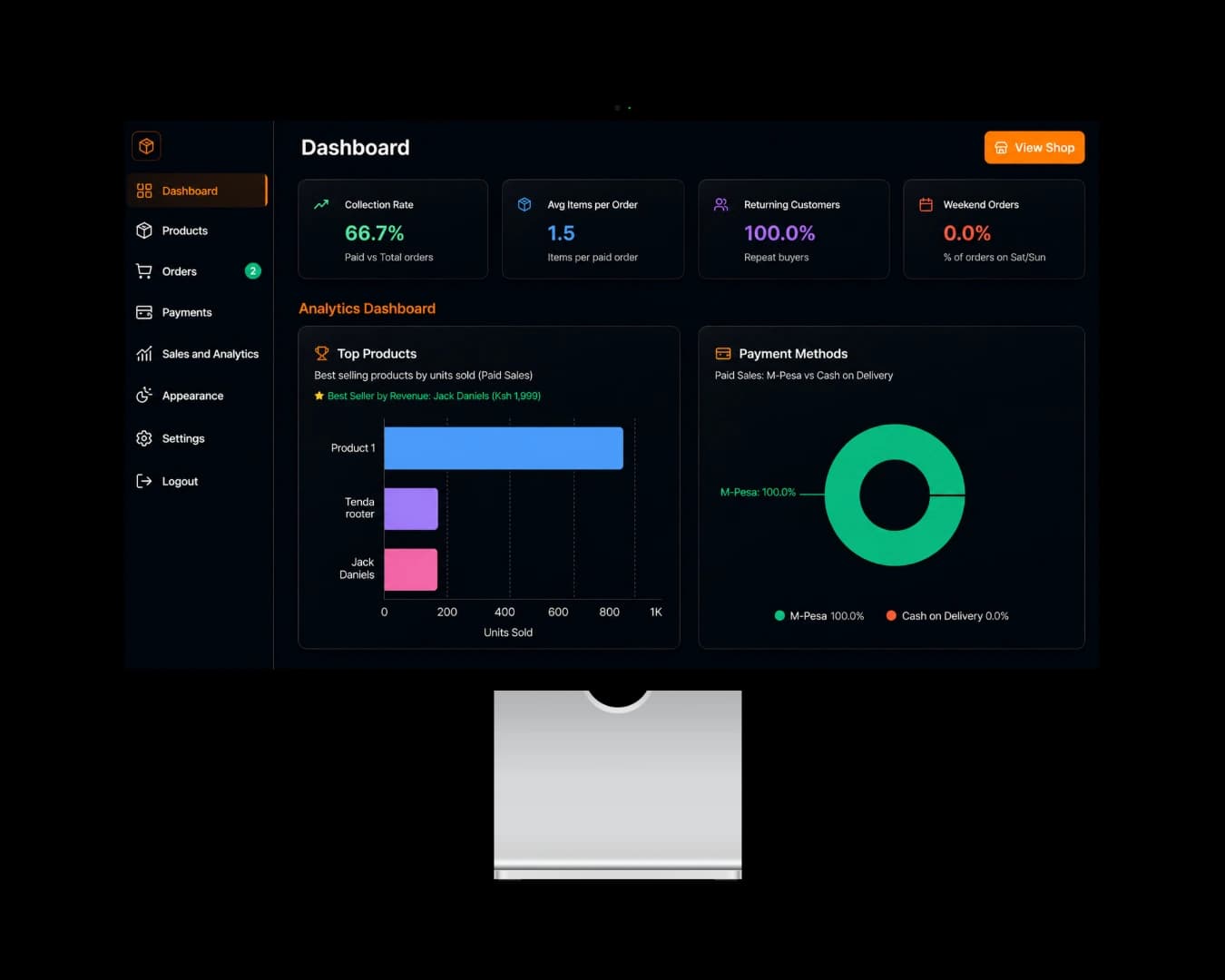 Seller dashboard showing orders, products, and analytics